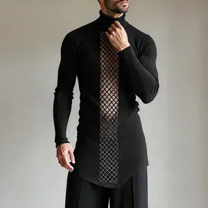 INCERUN Men's Sheer Grid Mesh Splicing Gothic Turtleneck Long-Sleeve T-Shirt - Asymmetric Hem, Fashion Evening Party Top