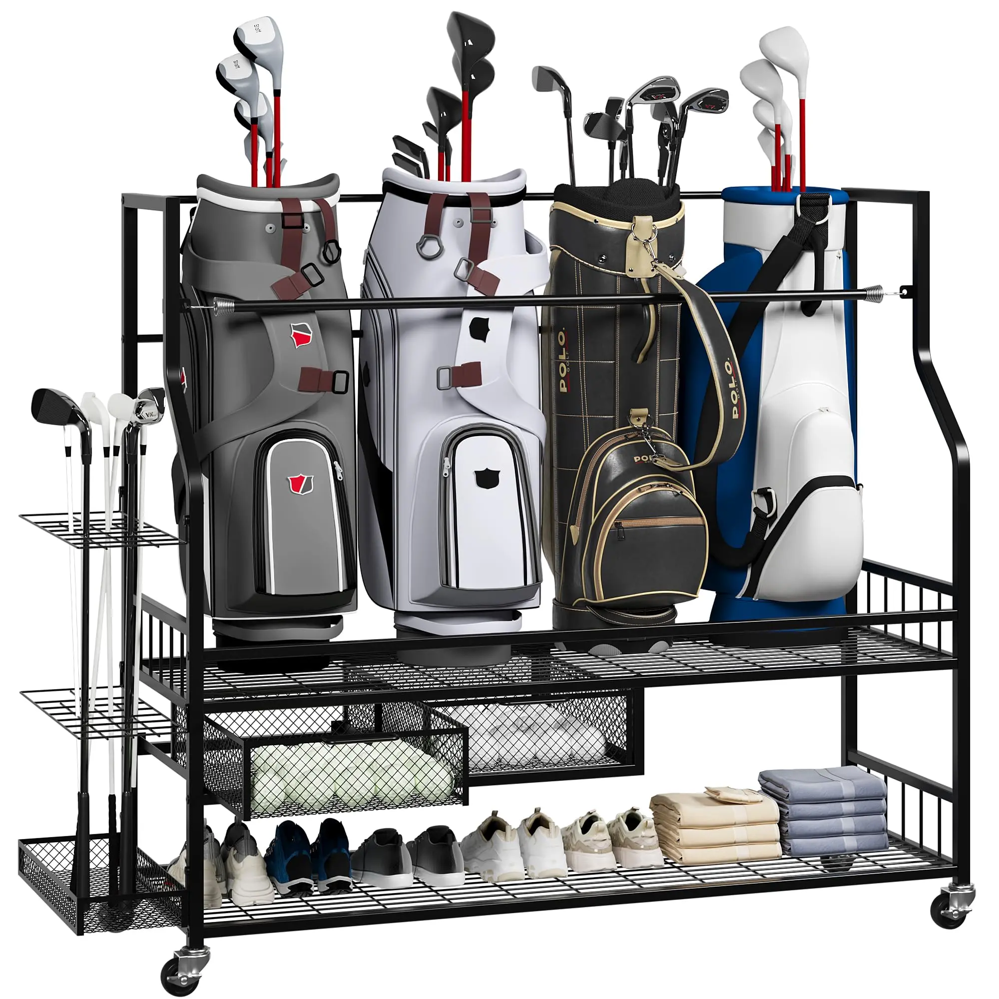 【GARVEE】Golf Bag Storage Garage Organizer,Golf Bag Storage Rack w/Drawer for Golfing Bags, Clubs, Balls, Gadgets, Accessories & Equipment,Golf Bag Stand w/Wheels for Home, Golf Course