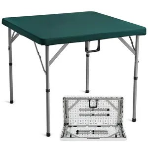 【Summervibes】VEVOR Mahjong Table, Fold-in-Half 4 Player Card Table with Wear-Resistant Green Tabletop, Portable Bi-Folding Square Domino Table with Carrying Handle for Outdoor Camping Picnic Party, 34 x 34-inch