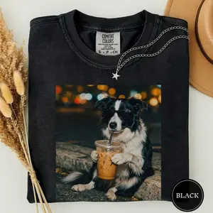 Comfort Colors Funny Border Collie Drinking Iced Coffee Shirt, Animal Meme Tee, Dog Lover Gift, Funny Collie Shirt, Coffee Tee, Dog Mom Gift LQ