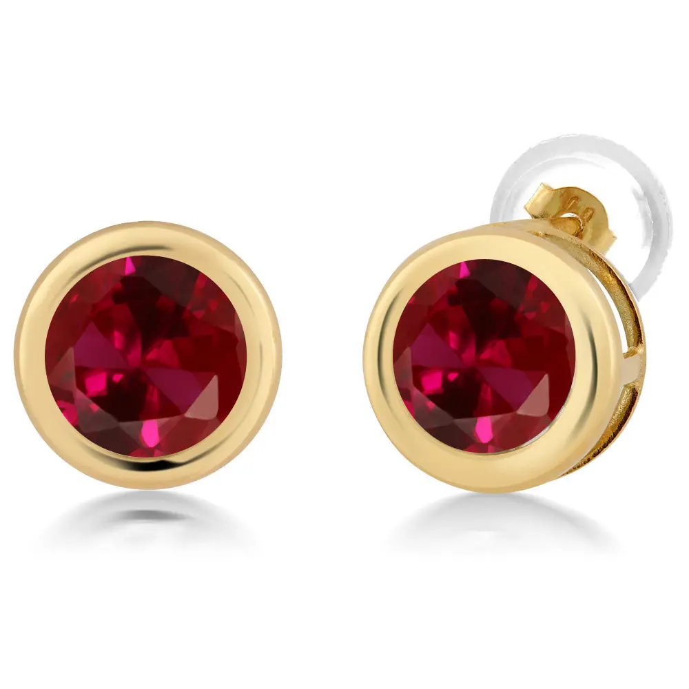 Gem Stone King 2.00 Ct Round 6mm Red Created Ruby 14K Yellow Gold Stud Earrings For Women Men
