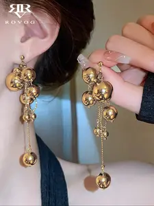 French Style Elegant Long Tassel Ball Earrings, Unique Tassel Detail, Lightweight Luxury High-End Design, Perfect for Evening Wear, Women's Fashion Jewelry, Chic Round Shape