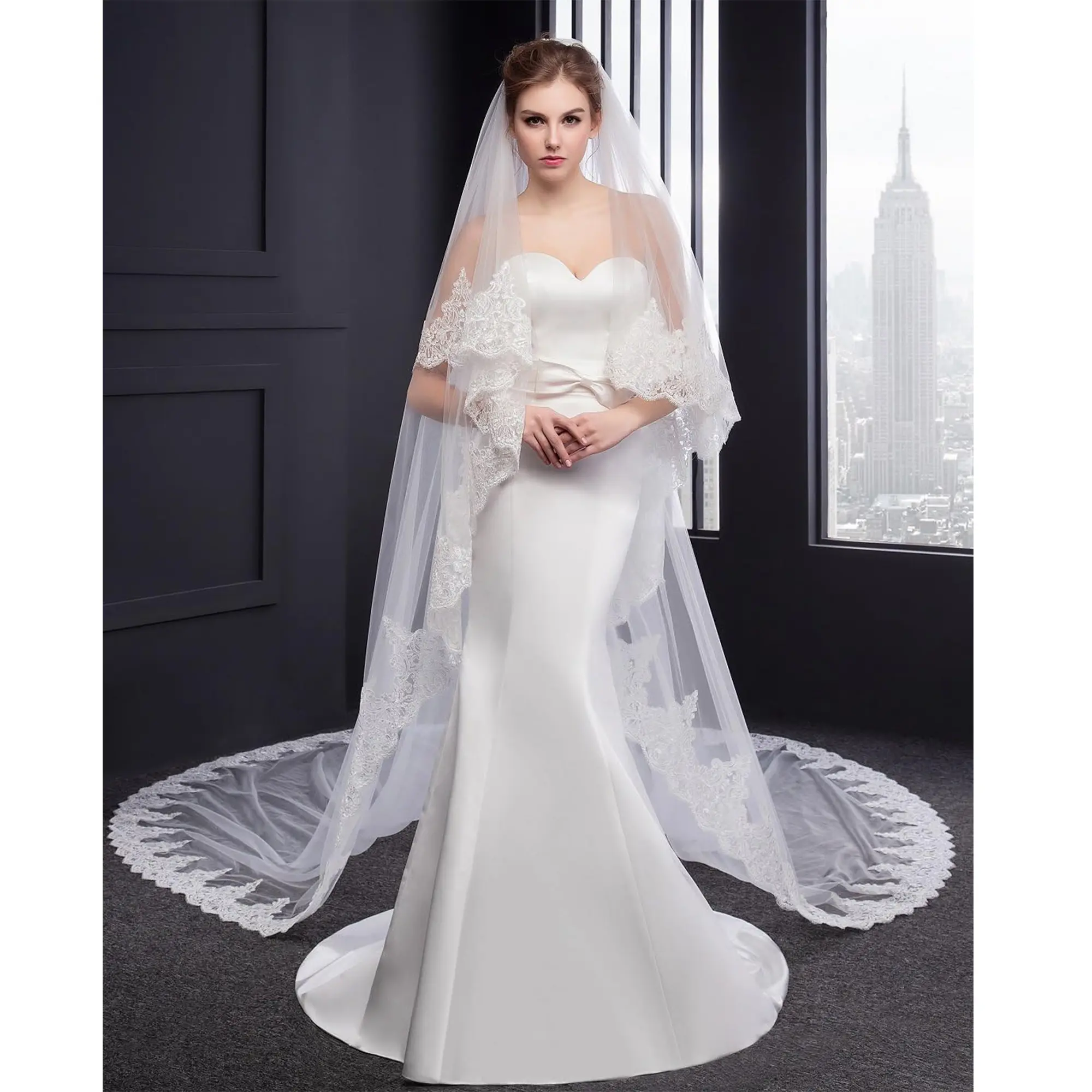 2 Tier Royal Length Lace Handmade Wedding Bridal Veil With Comb for Weddings Brides Elegant and Stylish