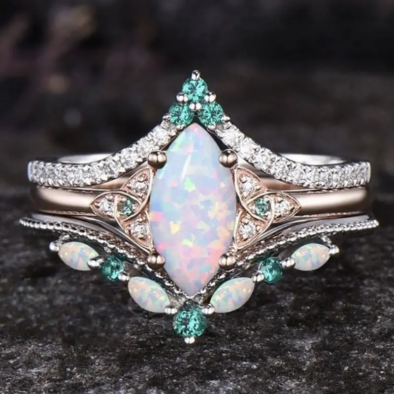 Women's 3-Piece Wedding Ring Set with a Marquise Cut Synthetic Opal Center, Luxurious Alloy Bands with Colorful Hues for Engagement & Party Wear, Rings For Women, Wedding Ring Sets