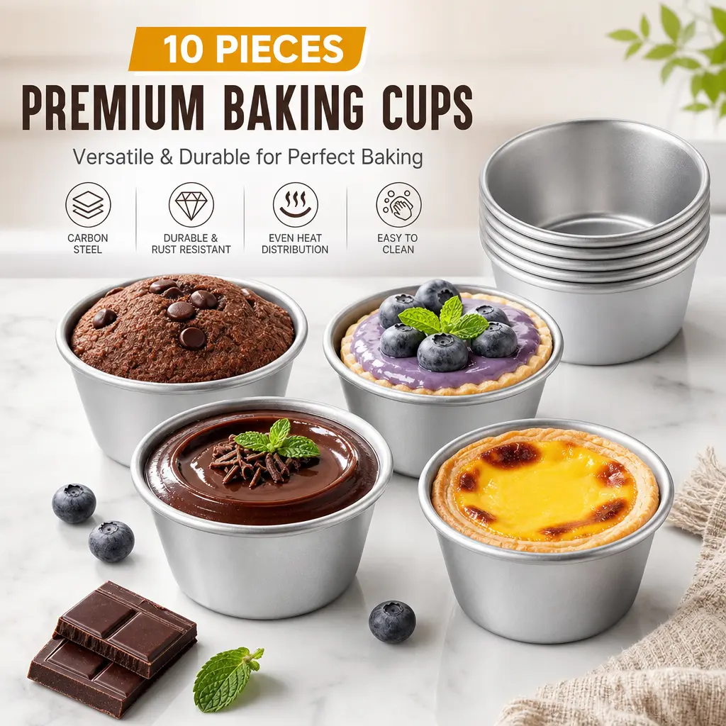 10pcs Carbon Steel Nonstick Single Serve Flan Molds - Baking Tools for Weekly Meal Prep, Egg Tart, Family Gatherings, Non Stick Muffin Cupcake Tins & Moulds, Oven-Air Fryer-Freezer Safe Compact Quick Release
