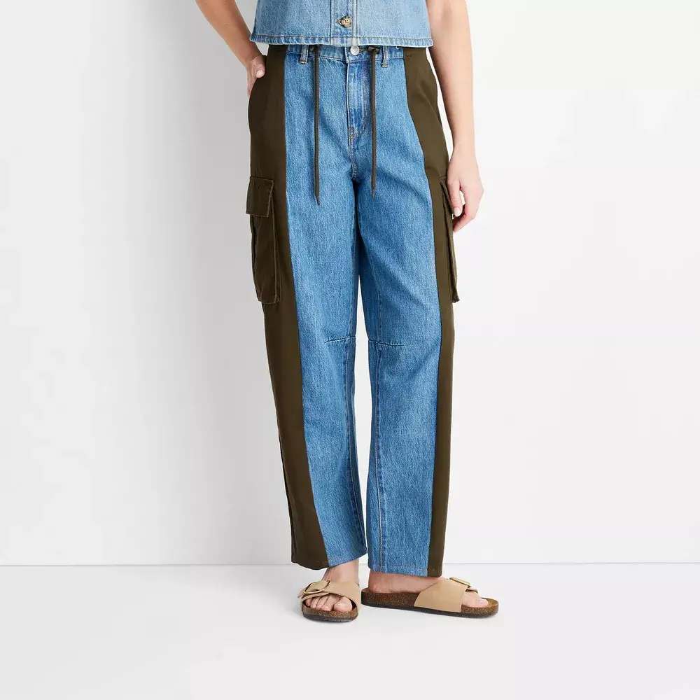 Women's Mid-Rise Barrel Leg Mixed Fabric Bottoms - Twist Detail, Polyester Blend, Cargo Pockets, Button Closure - Future Collective Jeans, Bottom, Trouser