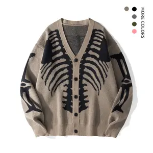 #Springfresh Men's Skeleton Print Drop-Shoulder Open-Front Button Cardigan, Long-Sleeve Warm Loose Casual Menswear, Festive Autumn-Winter V-Neck Knitwear Tops for Daily Outdoor Wear