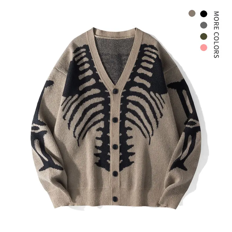 Men's Skeleton Print Knit Cardigan, Casual Loose Fit V-Neck Top with Long Sleeves and Drop Shoulders for Halloween, Tops, Menswear, Knitwear, Festive, Fabric, Soft, Cardigans, Halloween‑Ready