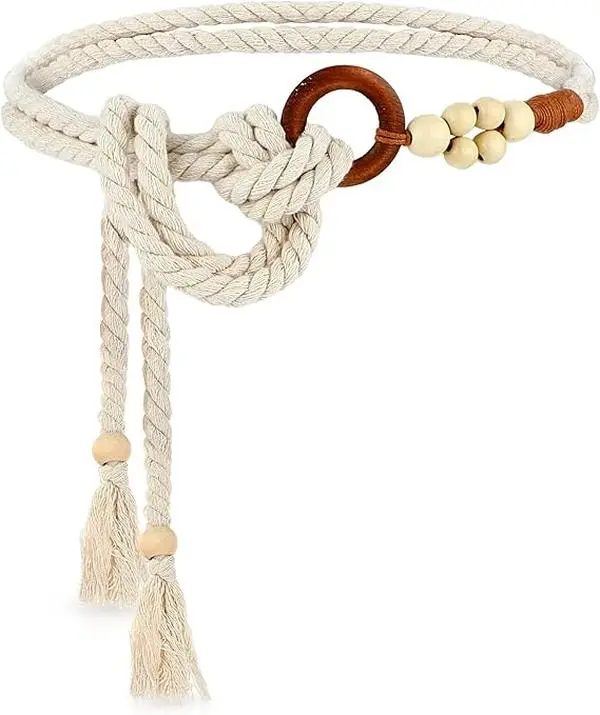 Women's Skinny Braided Rope Belt - Beaded Accents, Woven Wooden Beads, Tassel Ends for Dresses (Braided Look Design)