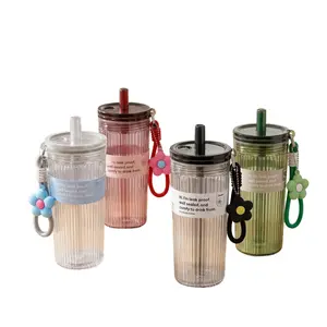 Durable Striped Glass Drinking Cup with Straw & Lid High Value Glassware for Iced Coffee Latte Beverages 4 Stylish Colors Leak Proof Comfy Reusable Portable Tumbler Washable - Drinkware, Bottled Mug Plastic