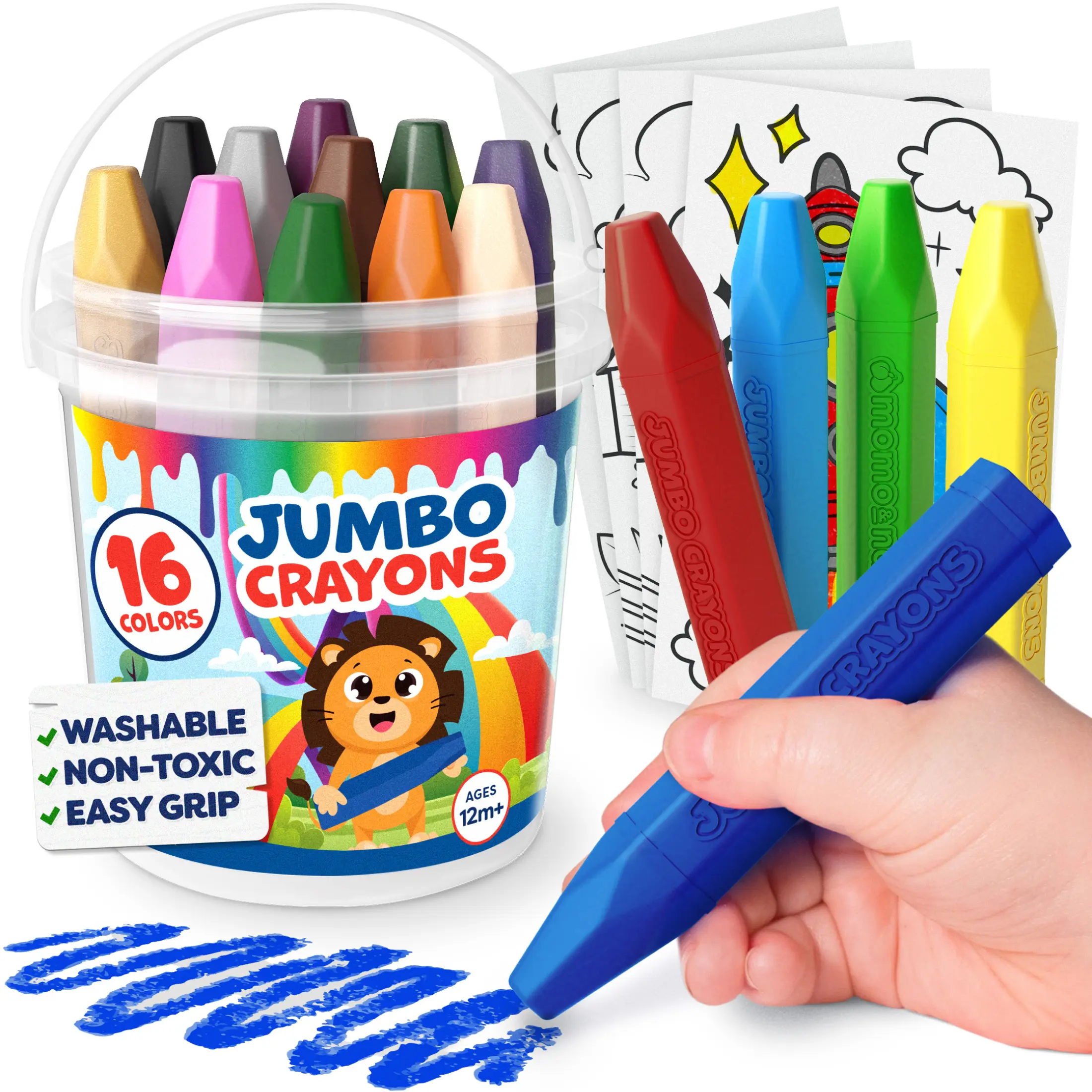 Jumbo Crayons For Toddlers 1-3 - [Back to school shopping] - 16pc Toddler Crayons For Kids - With Printed & PDF Crayon Color Sheets - Non Toxic, Washable, Large & Easy To Grip - Toddler Coloring Art Supplies