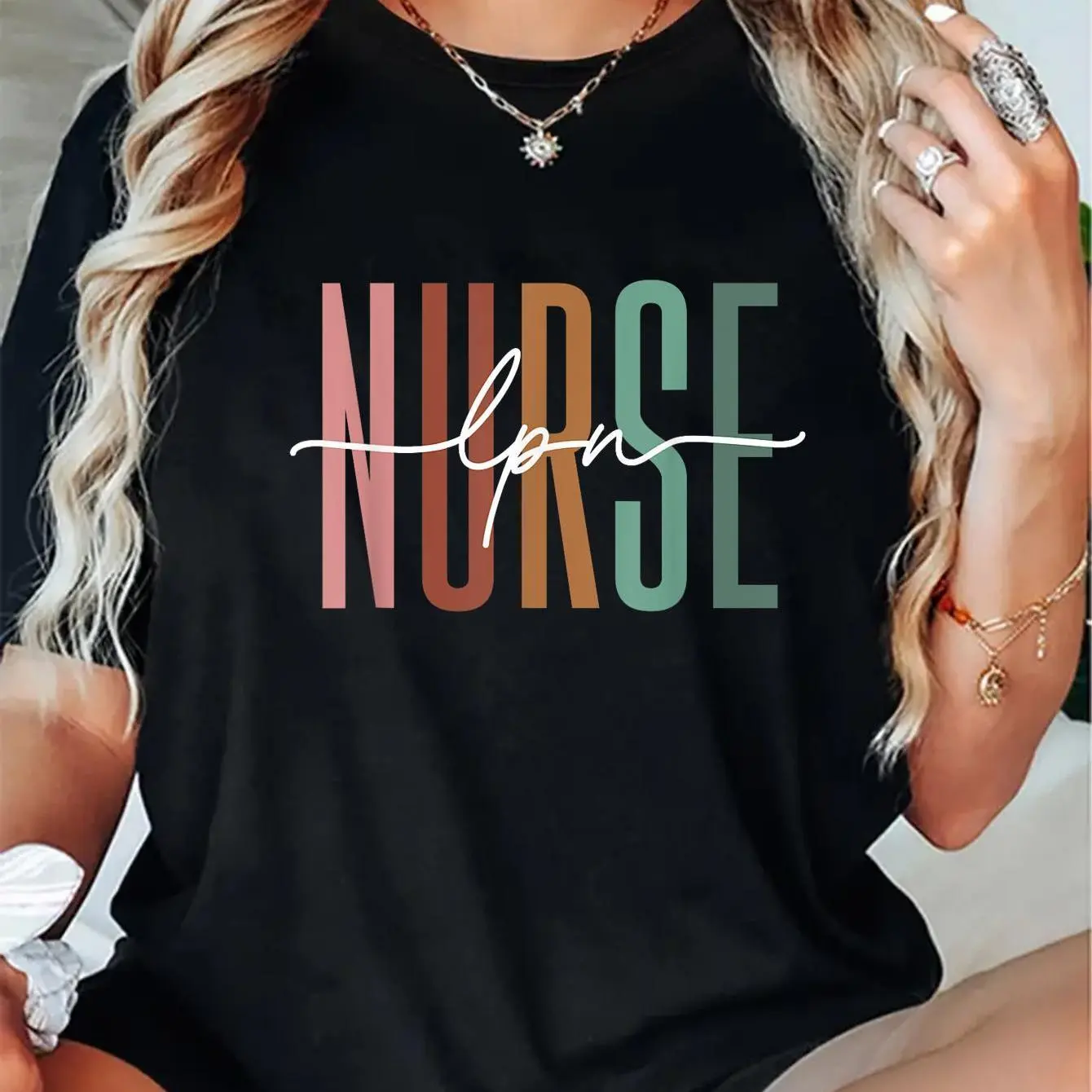 Women's 100% Cotton Short-Sleeve Graphic All Over Print Vintage Fashion Crew Neck Top - For LPN Healthcare Nurse Week, Casual, Streetwear, Big Sizes (Bundle Option), 2XL, All Seasons