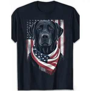 Men's & Women's Black Labrador Retriever 4th of July T-Shirt - Heavyweight 220gsm Pure Cotton Retro American Flag Dog Lover Shirt with Labrador Puppy & USA Flag Print