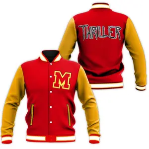 Jackson Thriller Red Wool & Leather Varsity Bomber Halloween Jacket, Baseball Varsity Jacket, Sporty Streetwear Look, Everyday Casual Jacket