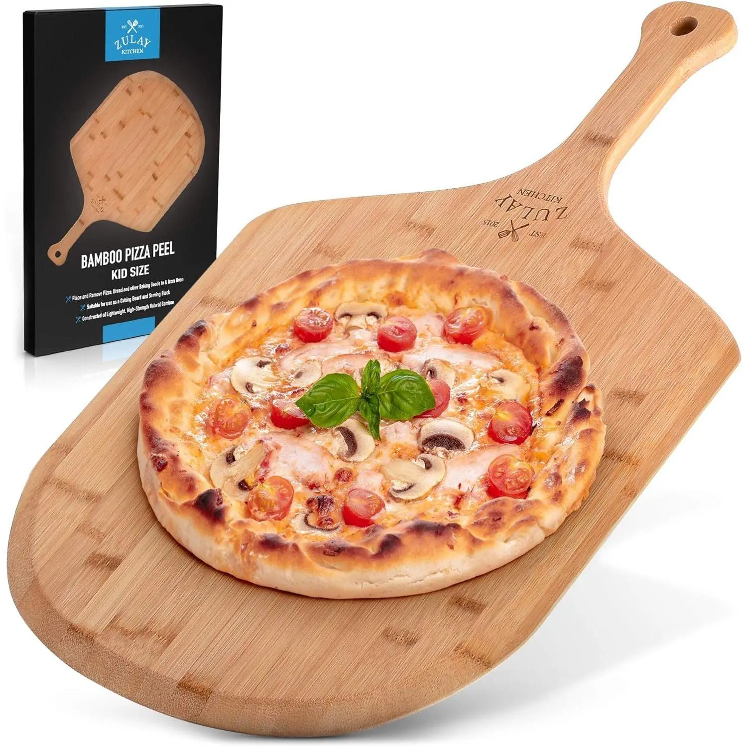 Zulay Kitchen Bamboo Pizza Paddle - Durable Wooden Peel for Baking Pizza, Bread & Cake - Multipurpose Cutting Board for Fruits & Vegetables