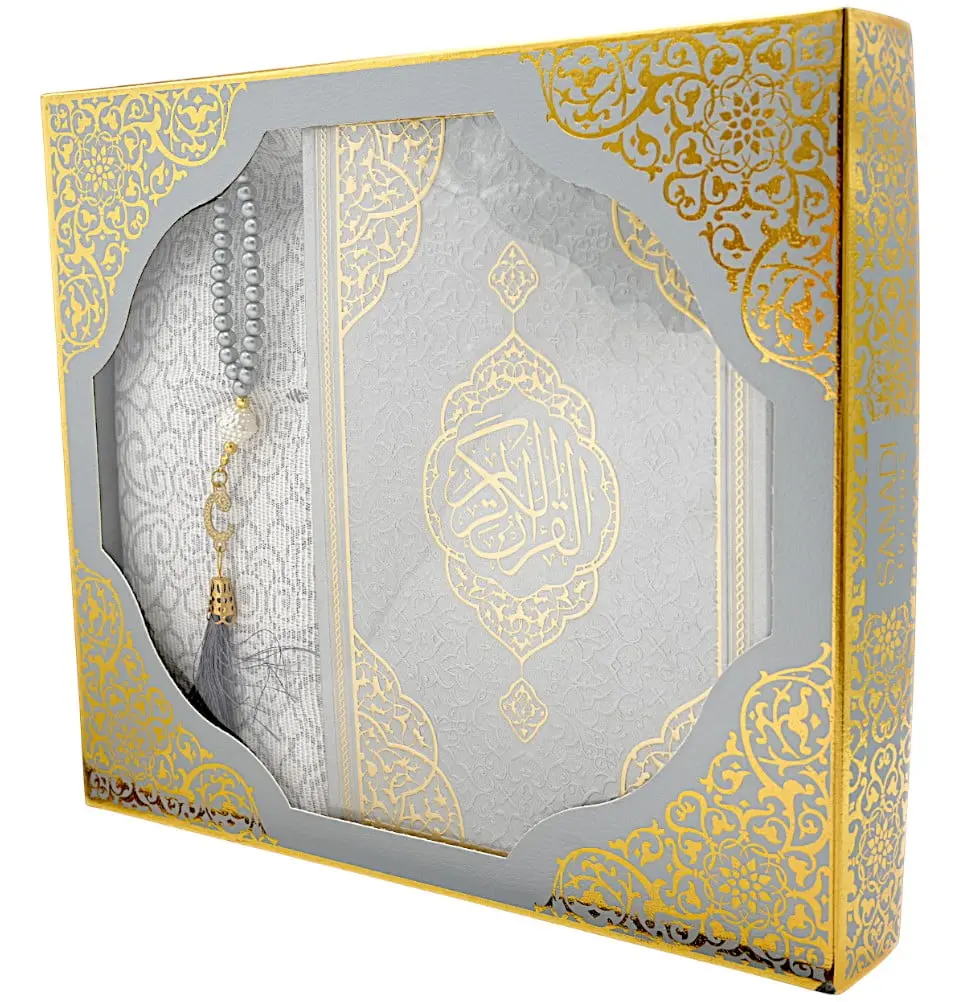 Prayer Rug Gift Box Set - With Quran in Arabic & Prayer Beads - Silver