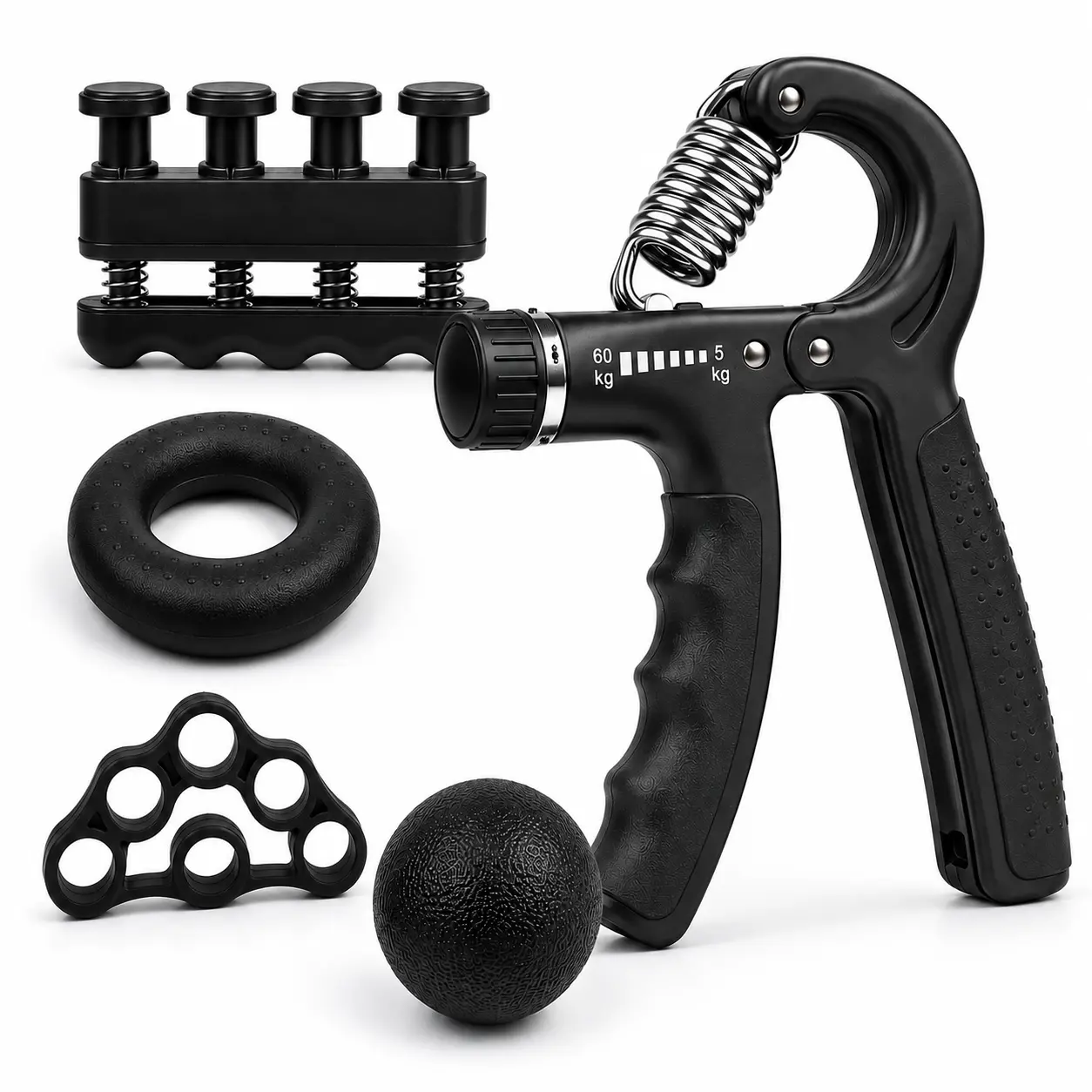 5-in-1 Hand Grip Strengthener Kit, Adjustable 5-60kg Forearm Trainer with Finger Exerciser, Stress Ball & Grip Ring for Strength Training