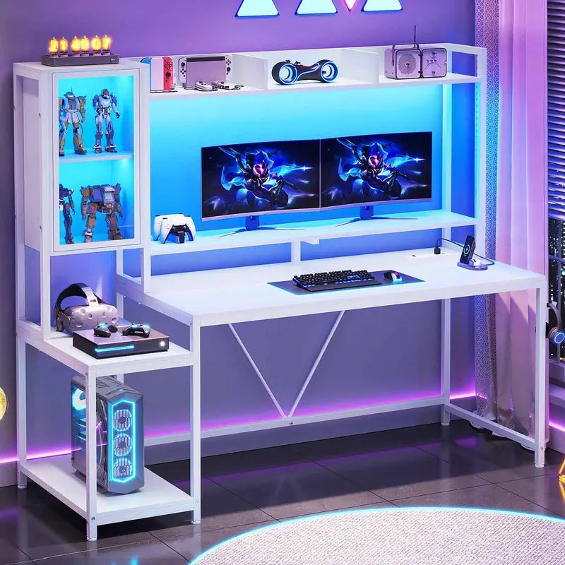 Sikaic 60" Gaming Desk with LED Lights & Power Outlets, Computer Desk with Hutch, Monitor Stand, Glass Display Cabinet, Hooks & CPU Stand, White Home Office Desk Summerwins
