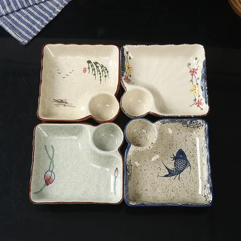 Chinese Style Ceramic Dipping Sauce Plate, 1 Count Seasoning Plate, Salad Serving Plates, Steak Plate with Dipping Sauce Partition, Kitchen Accessories, Ceramics Plate, Kitchen Dishes