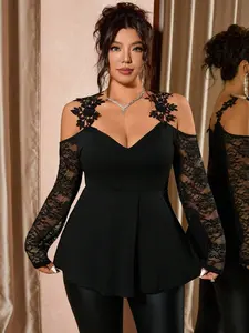 Plus Size Black Cold Shoulder Top – Mesh Lace Patchwork, Sleeveless, Elegant Fit
