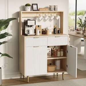 Garvee Fluted Sideboard Buffet Cabinet with Storage, Modern Coffee Bar Pantry Cabinet with Adjustable Shelves & 2 Drawers, Wooden 48in Tall Accent Table for Kitchen Dining Room Living Room - White