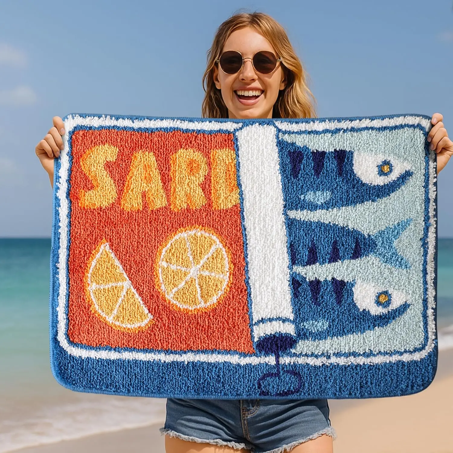 Oval Decorative Sardine Can Cartoon Fish & Lemon Design Bath Mat - Blue Synthetic Modern Absorbent Soft Non-Slip Washable Rug for Bathroom Home Supplies