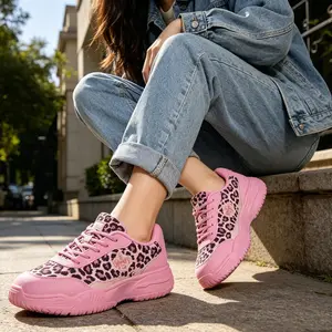 Women's Leopard Print Chunky Platform Sneakers - Rubber Athletic Footwear, Retro Casual Walking Shoes for Street Style Training