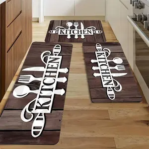 3-Piece Set of Kitchen Themed Non-Slip Rubber Mats, Decorative Fork and Spoon Design for Home Cooking, Absorbent Diatomaceous Material, Kitchen Rugs Sets