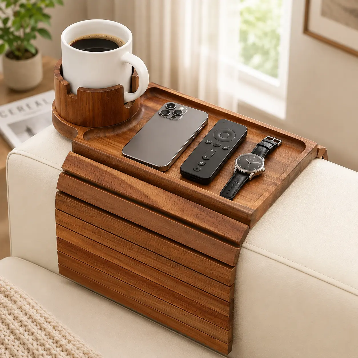 Acacia Wood Couch Arm Tray, Clip-On Sofa Armrest Table with Cup Holder & 360° Rotating Phone Holder, Easy-Clean Natural Wood Design, Christmas, Thanksgiving & Black Friday Gift