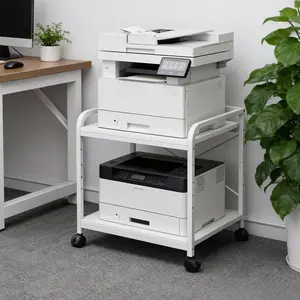 Under Desk Printer Stand, 20" Deep Large Printer Table with Height Adjustable Storage Shelf, 2 Tier Rolling Printer Cart with Wheels for Home Office, White