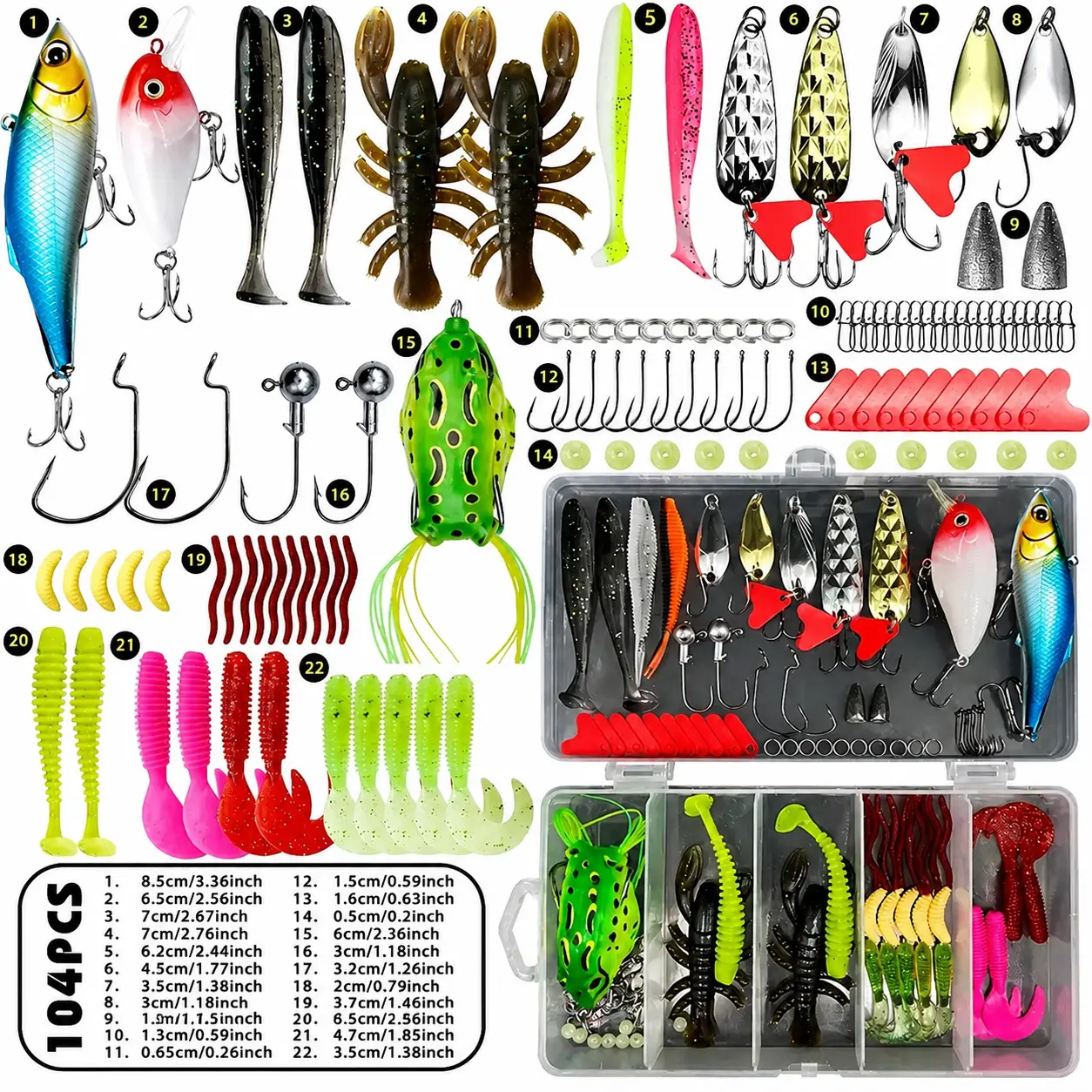 104PCS Fishing Lures Tackle Kit with Compact Tackle Box - Hard Baits, Soft Plastic Worms, Frog Lure, Spoon Lures, Hooks for Freshwater Bass, Trout Fishing (ABS/PVC/Metal Construction), Compact Box