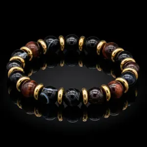Men's Vitality and Balance Bracelet: Almandine Garnet, Eye Agate, Red Tiger Eye and Gold