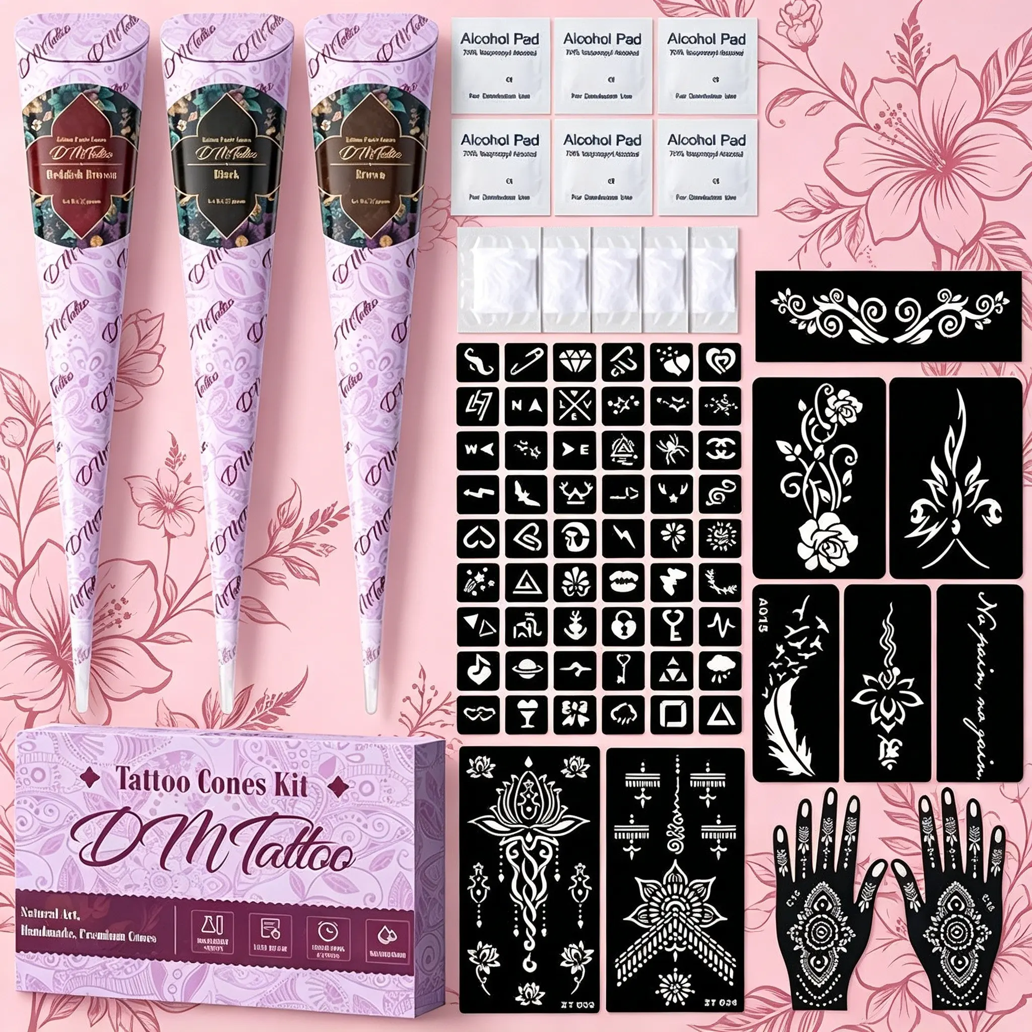 3-Pack/6-Pack Beginner Natural Plant Henna Tattoo Cream Set, Temporary Waterproof Non-Blurring Tattoo Gel, Complete Template Tools Portable Easy to Use Beauty Products