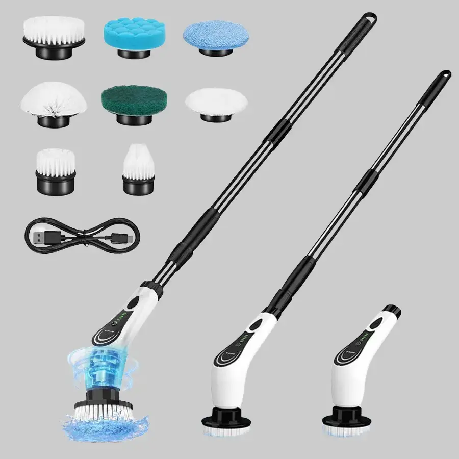 Wireless USB Charging Electric Spin Scrubber Set - USB Cable Included, IPX7 Full-Body Waterproof, 360-Degree Rotatable Head, 4 Replaceable Heads, 3 Adjustable Extension Handles, 2-Speed, No Manual Scrubbing Needed for Bathroom, Kitchen Home Care