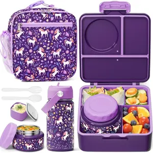 PLL Bento Lunch Box with Thermos, Leakproof  Bento Box with 8.5 OZ Insulated  Jar, Lunch Bag,  Water Bottle, 3 or 4 Compartment Container for  to School  Girls Boys
