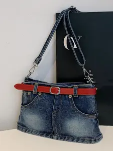 New casual denim skirt with single shoulder crossbody women's bag, featuring a red leather strap simple and stylish denim skirt underarm bag