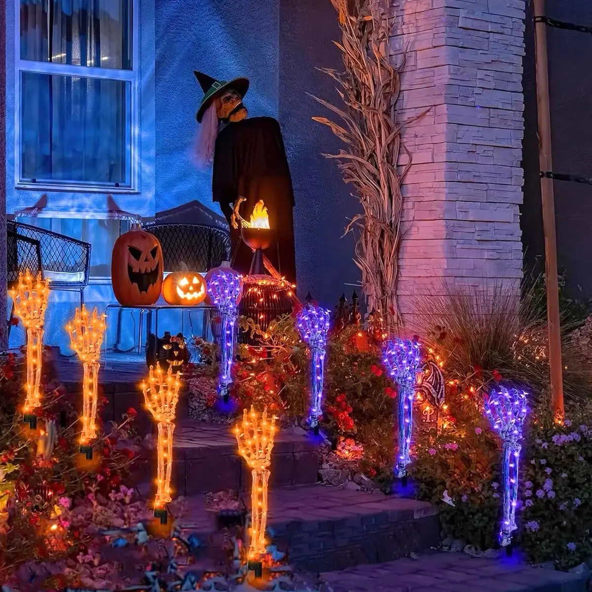 2-Pack Resin Solar-Powered LED Skeleton Arm Ground Stake Lights, 8 Lighting Modes Waterproof Halloween Aesthetic Decor with Spooky Look for Outdoor Party Graveyards (Home & Festive Party Supplies)