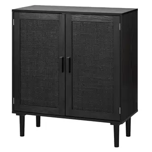 VEVOR Rattan Cabinet, Rattan Storage Cabinet with 2 Magnetic Doors and Adjustable Shelves, Accent Sideboard Buffet with Wooden Legs & Power Cord Hole for Hallway, Entryway, Living Room, Kitchen, Black