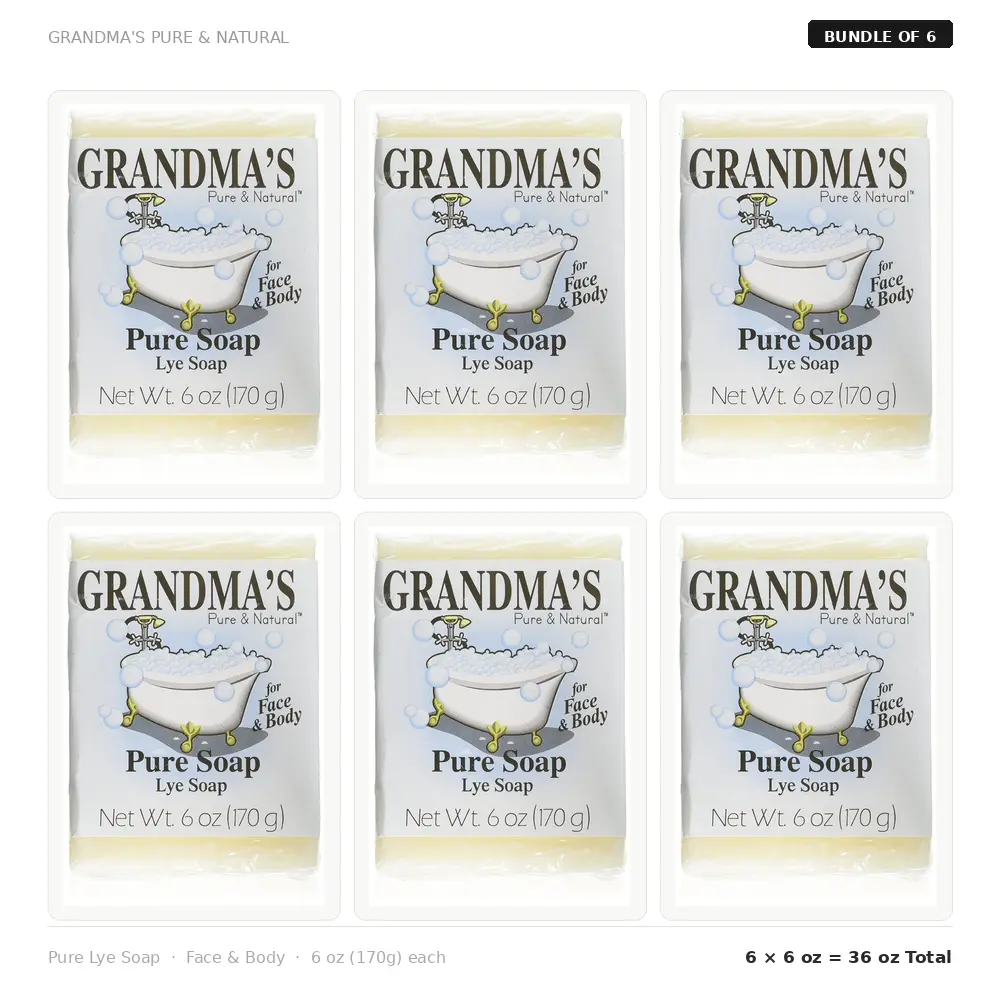 Grandma's Pure Lye Soap Bar - Pack of 6 - 6.0 oz Unscented Face & Body Wash Cleans with No Detergents, Dyes & Fragrances