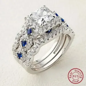 3 Pcs Wedding Rings Set for Women 925 Silver 2.6Ct Princess Cut White Blue AAAAA CZ Luxury Bridal Engagement Jewelry #Love Story#Love Story #Love Story