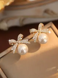 Women's Elegant 2024 New Trendy Stud Earrings As Valentine's Gift for Girlfriend, Vintage Cute Faux Pearl & Rhinestone Decorated Stud Earrings, Fashionable Matching Jewelry for Daily & Party Decoration As Gift