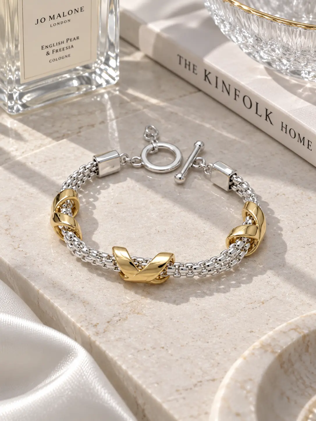 Mixed Metal Knot Chain Bracelet Gold & Silver Toggle Bracelet, Chunky Statement Jewelry