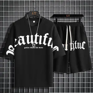 Men's Summer Crew Neck Letter Print T-Shirt & Shorts Set with Drawstring Waist for Everyday Casual Wear in Summer