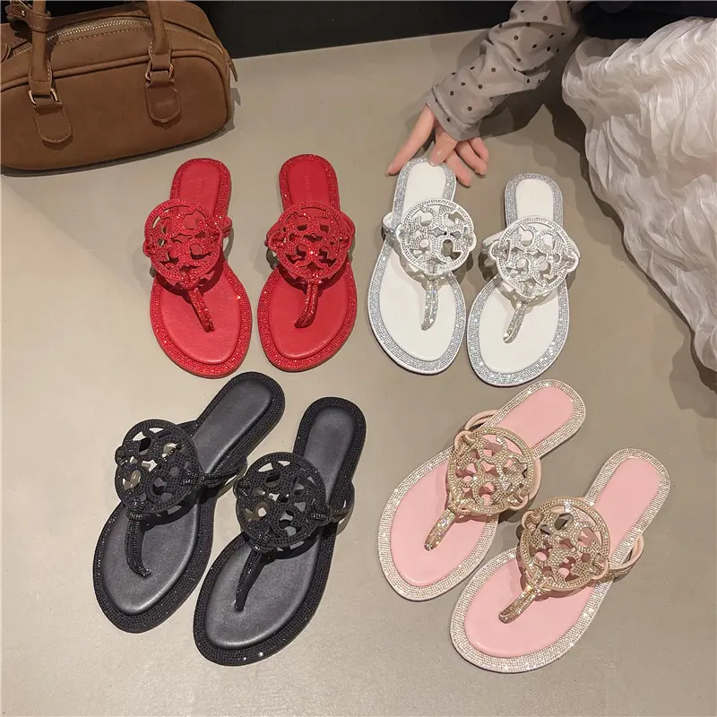 Women's Diamond Flip Flops - Fashionable Black & Beige Plain Slide Shoes, Casual Comfortable Flat Women Sandals, Lightweight Breathable Popular Daily Wear Footwear, Popular Sandals