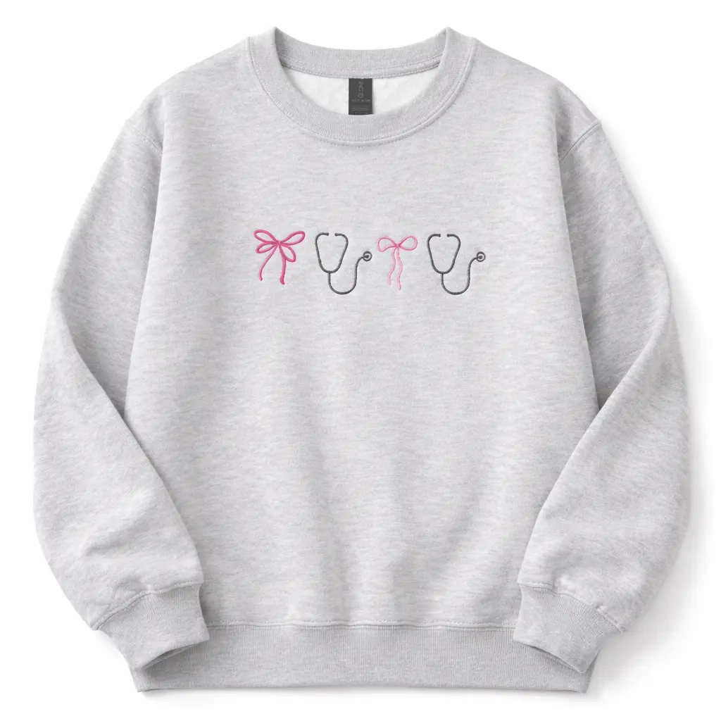 Women's Nurse Bow & Stethoscope Embroidered Top - Unisex Cotton Crew Neck Polyester-Yarn Jet-Embroidered Athletic Sport Casual Pullover (T-shirt/Sweatshirt/Hoodie), Long Sleeve, Round Neck, Sweater, Casual Hoodies & Sweatshirts