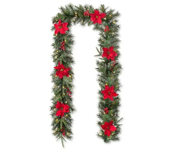 Glitzhome 9' Pre-Lit Poinsettia, Red Berries Christmas Garland