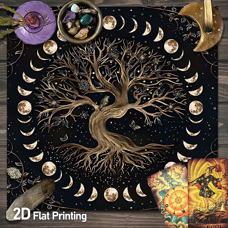Mystic, Mystical Moon Phases Tree of Life Tarot Card Tablecloth, Ceremonial, Golden & Black Celestial Altar Decor Tablecloths, Spiritual Mandala Art Gaming Tablecloth, Divination Witchcraft Oracle Cards Altar Cloths, Crystal Grid Meditation Table Cloths