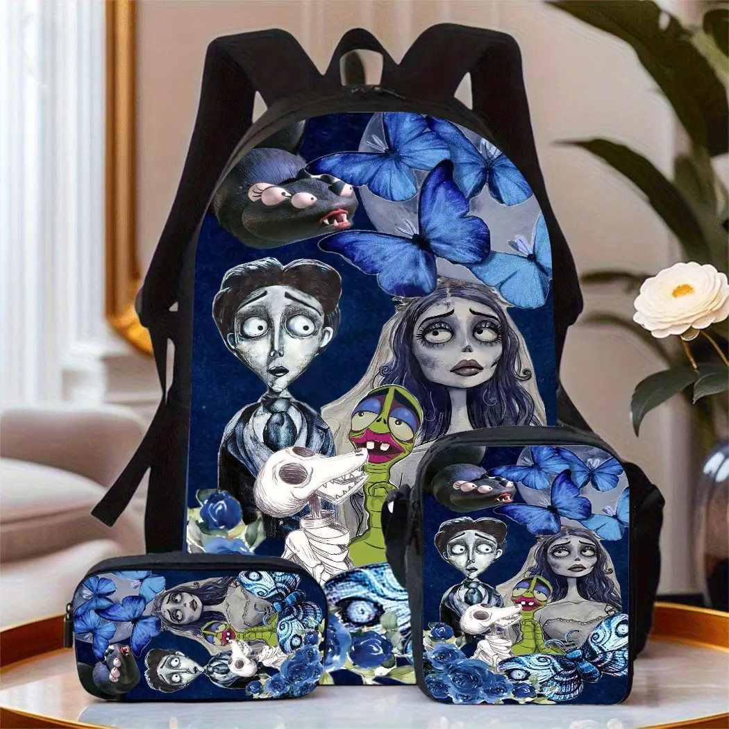 3PCS Tim Burton’s Corpse Bride Print Backpack Set - Dark Fantasy Synthetic School Bundle, Water Resistant, Lightweight, 15 In Laptop Fit, Breathable Straps, Blue Butterfly Motif, First Day of School, All Ages (Backpack + Lunch Box + Pencil Case), Detailed