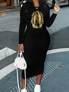 Virgin Mary Print Graphic Design, New Women's Casual Wear Elegant Crew Neck Long Sleeve Maxi Dress, Comfortable High-Stretch Fabric