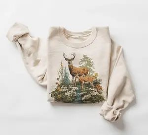 Retro Buck & Doe Deer Summer Scene Sweatshirt - 90s Cute Mammals Wildflower Nature Gift - Wildlife Watcher - Boho Unisex Crewneck Sweatshirt
